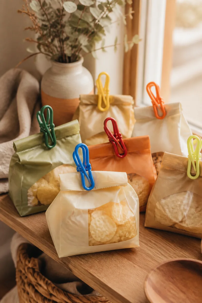 Colorful clips sealing opened snack bags on a pantry shelf