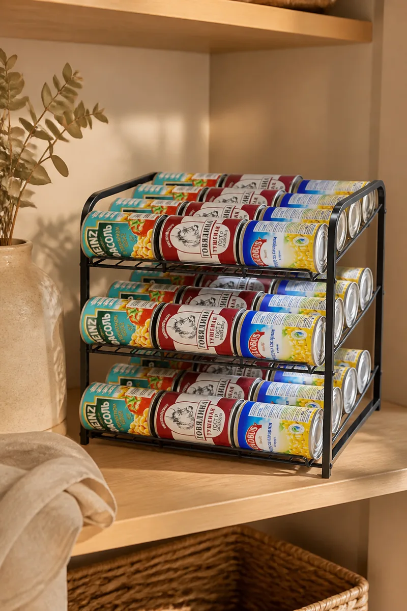 A can rack holding soup cans on a pantry shelf