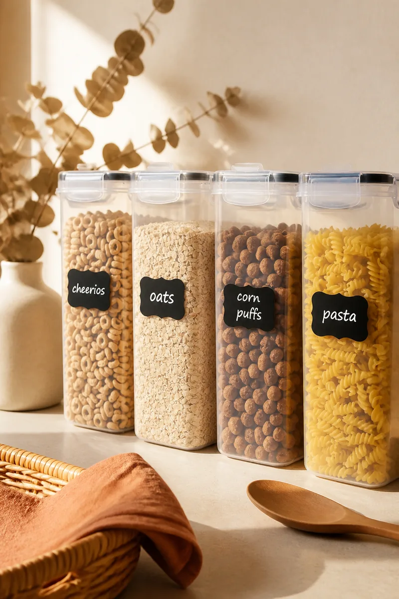 Clear dispensers holding cereal and dry food on a counter
