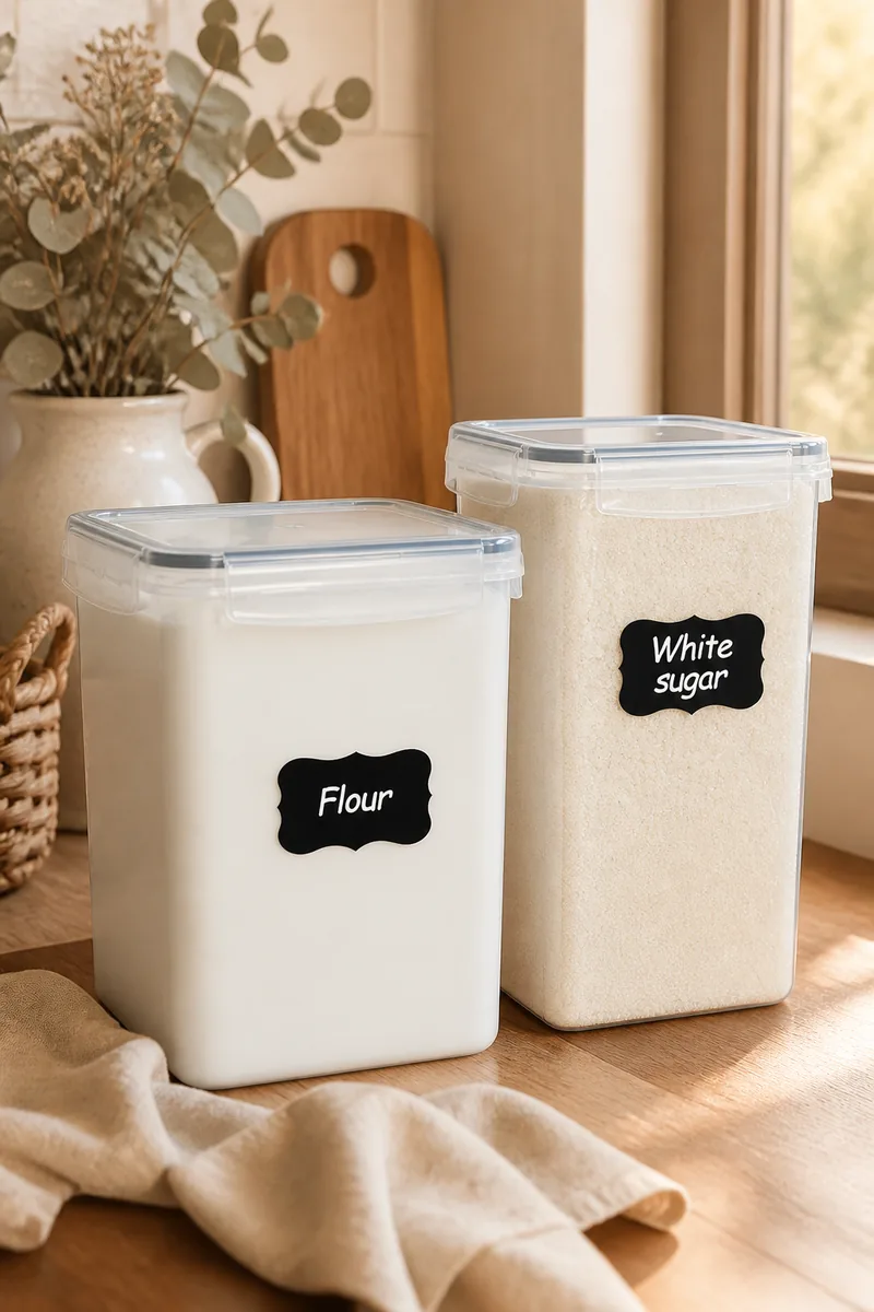 Airtight canisters filled with flour and sugar on a kitchen counter