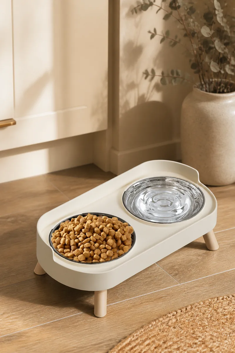 An elevated pet bowl stand in a kitchen