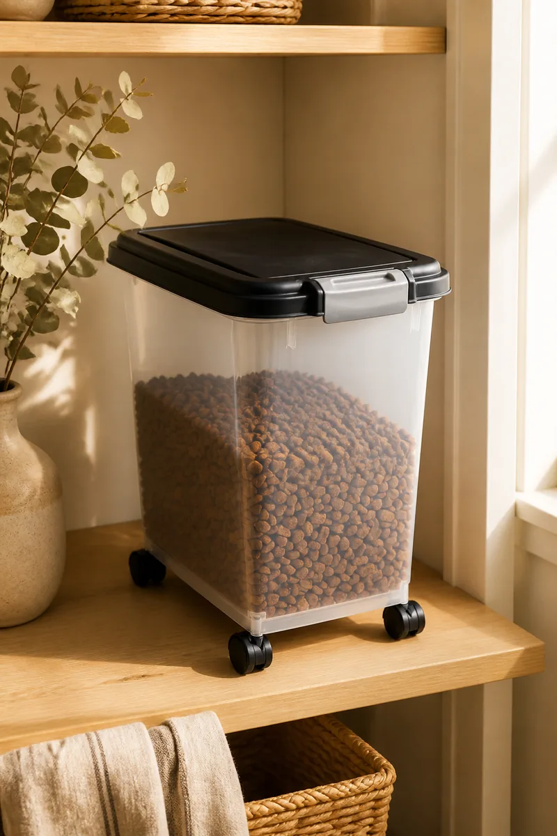 A pet food container in a pantry
