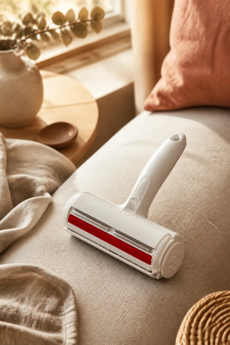 A pet hair remover on a sofa