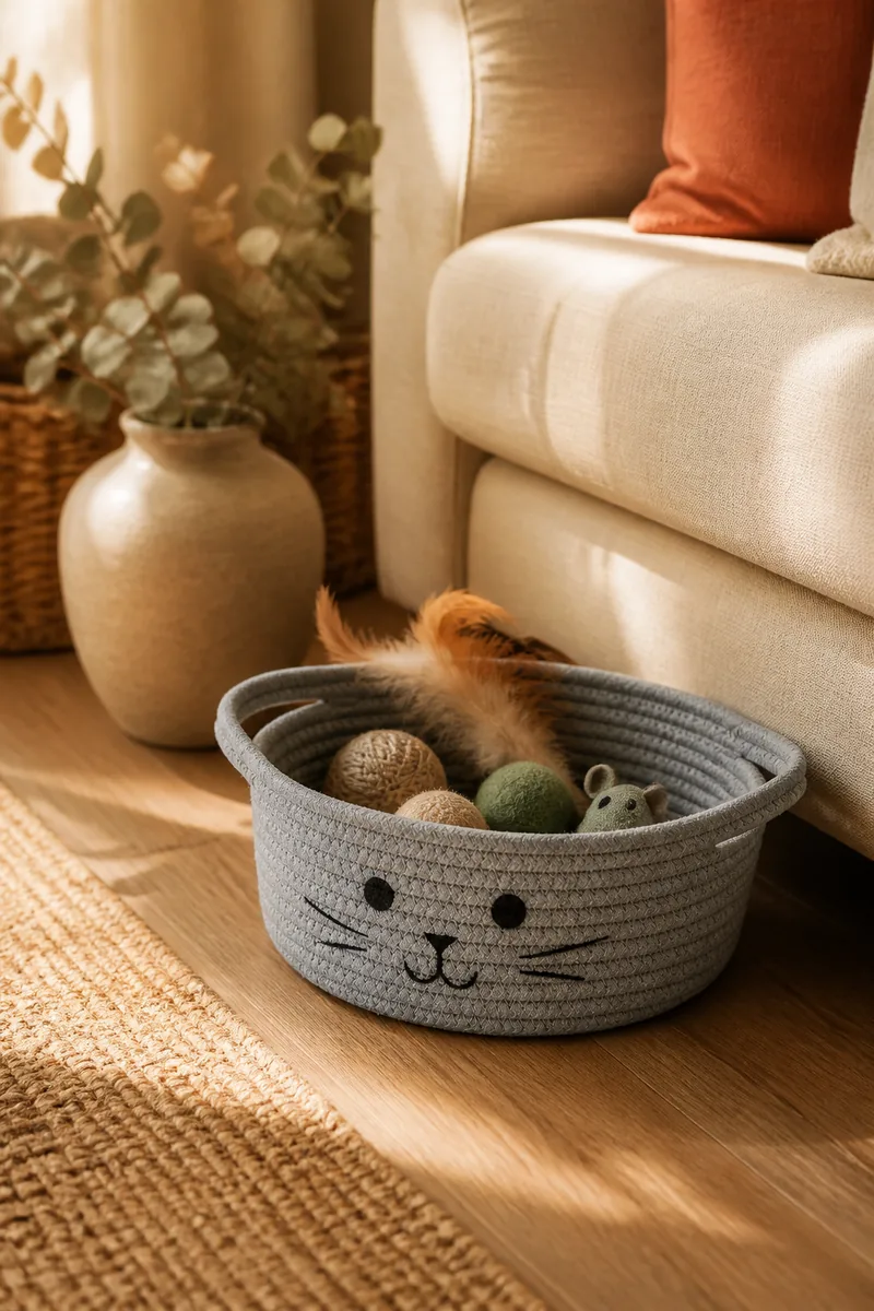 A basket of pet toys beside a sofa