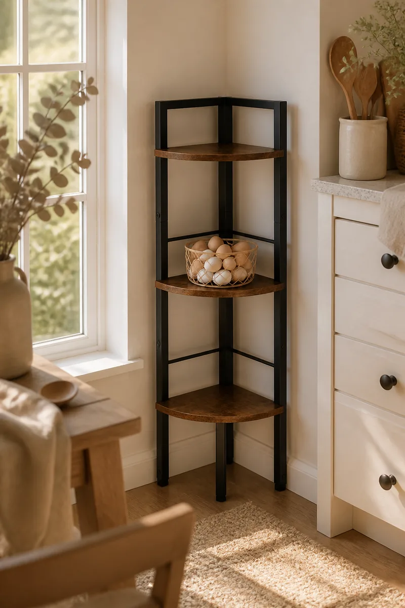 A corner shelf stand with decor