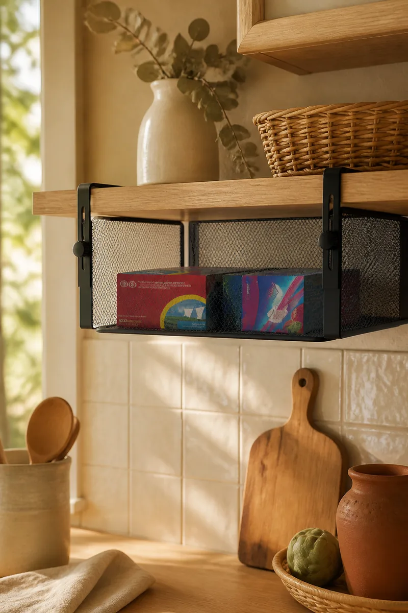 A wire basket hanging under a cabinet shelf holding wraps