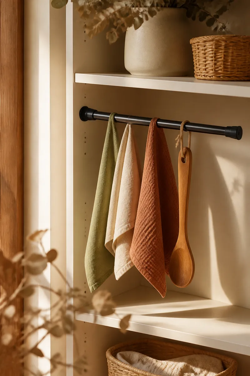 A tension rod holding items in a cabinet