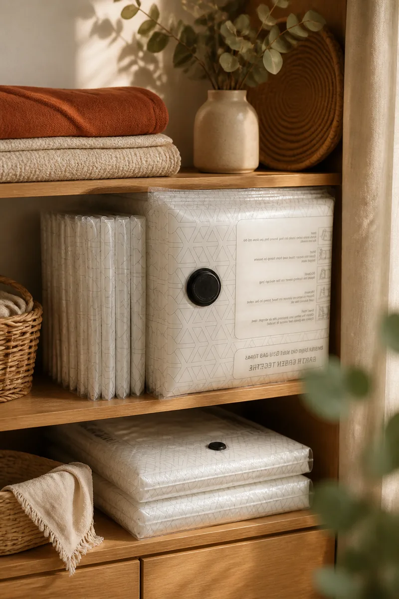 Vacuum bags holding folded blankets stored on a shelf