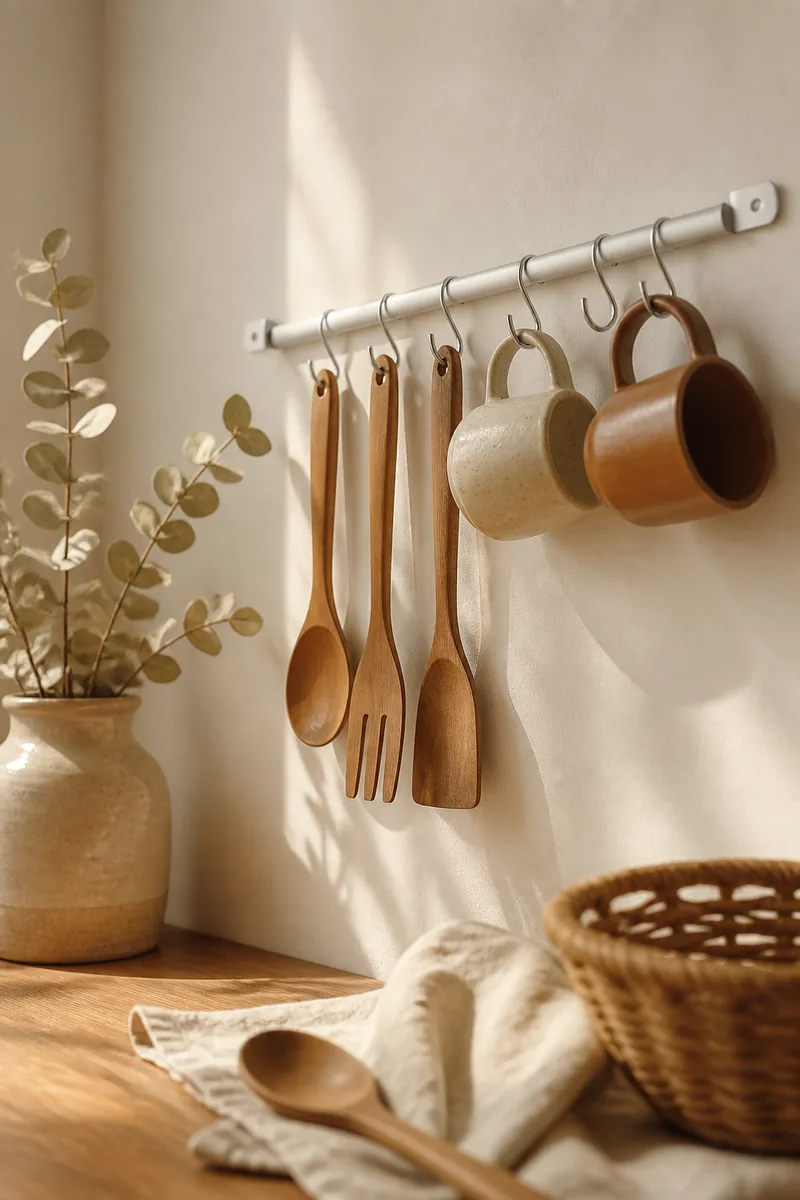A wall rail with hooks holding wooden utensils and mugs in a kitchen