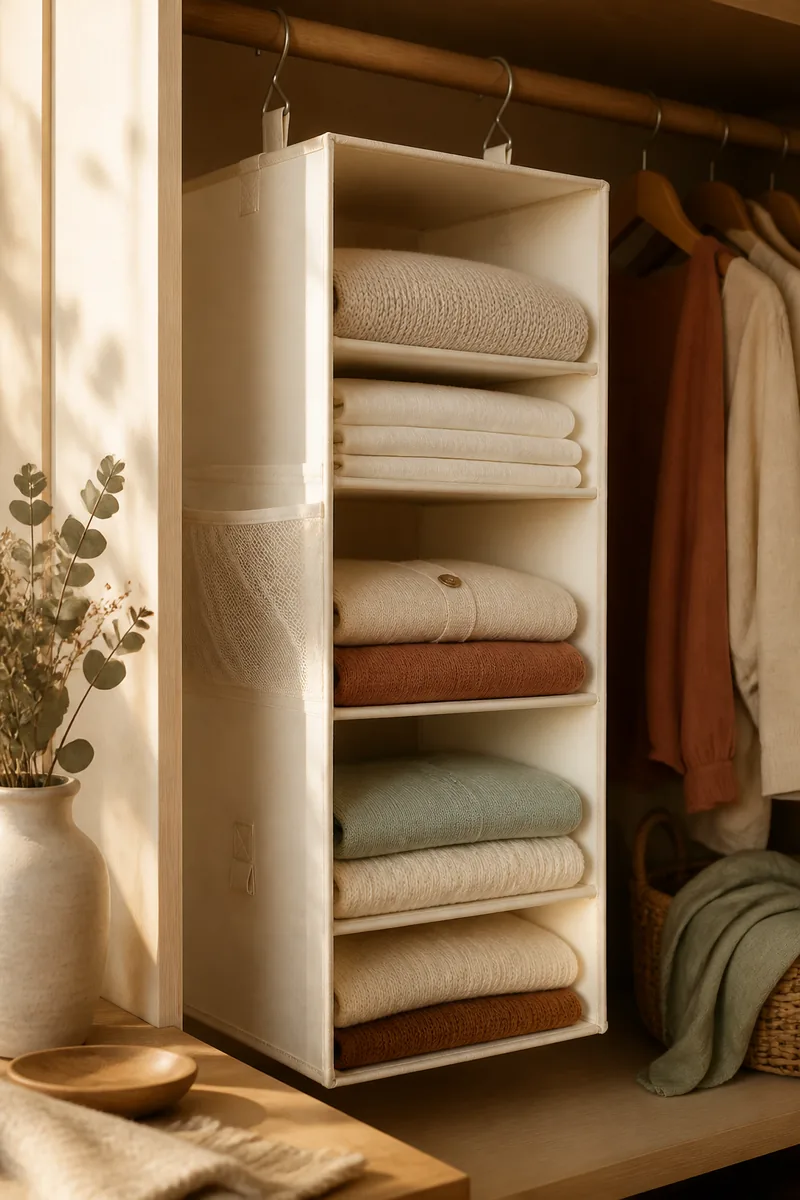 Hanging shelves holding folded sweaters inside a closet