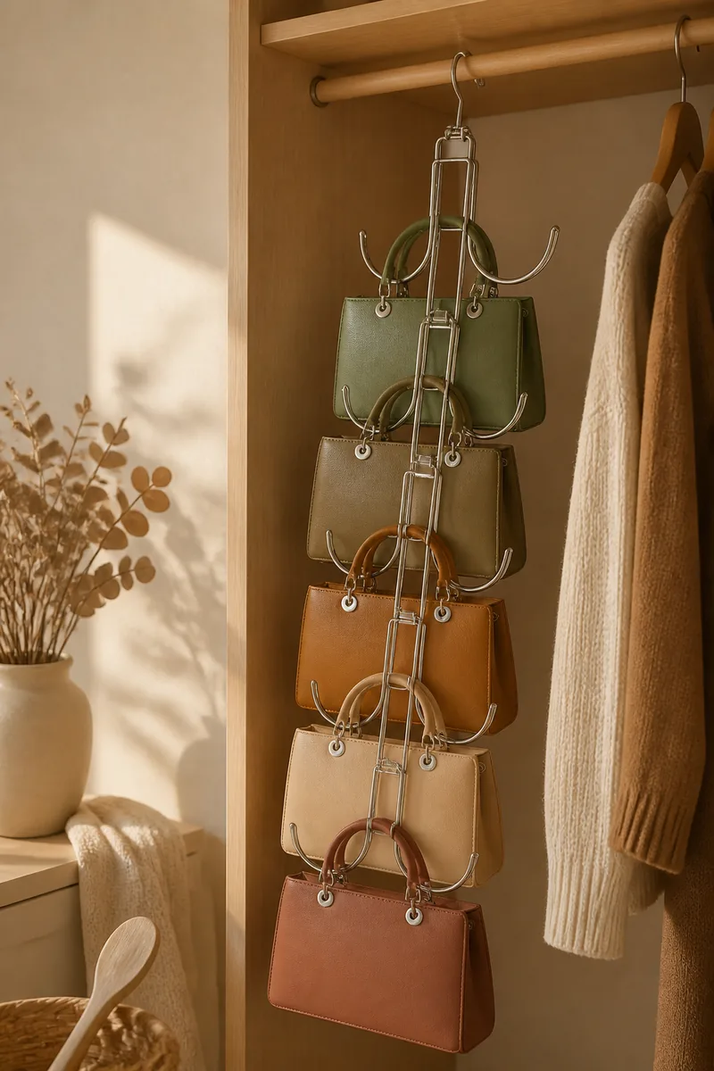 A closet purse hanger holding handbags