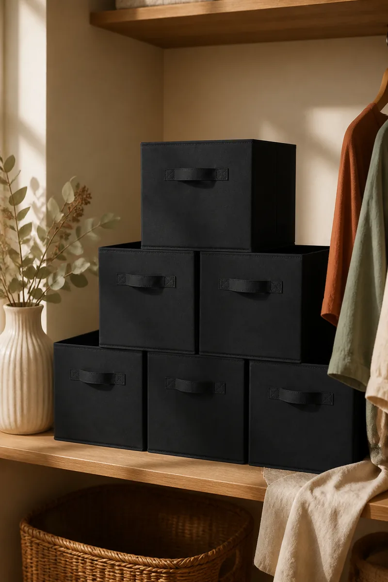 Black fabric storage bins stacked on a closet shelf