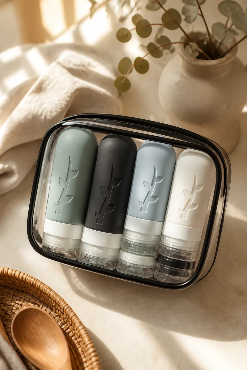 A set of travel bottles in a toiletry bag