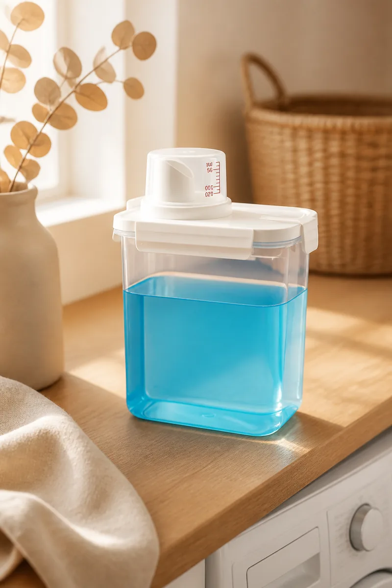 A container holding detergent in a laundry room