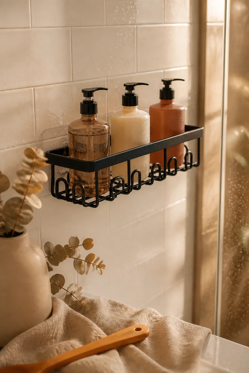 A shower caddy holding shampoo bottles in a shower