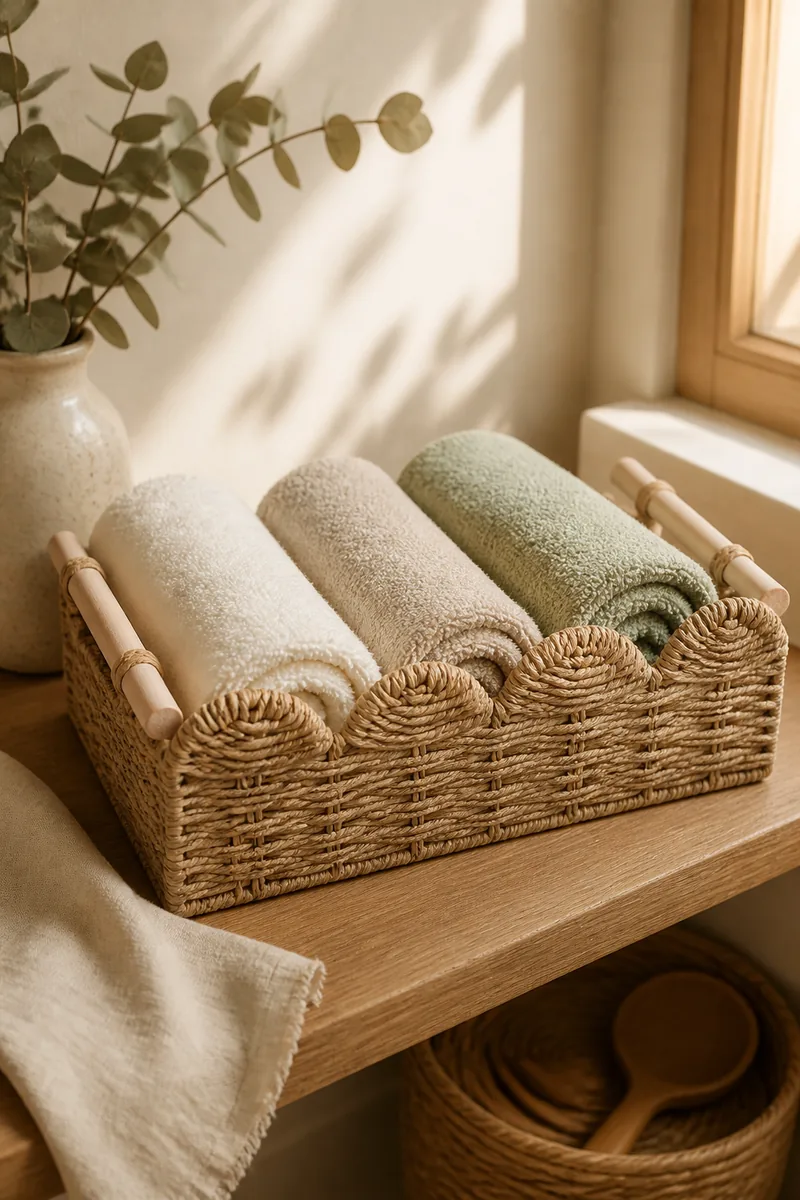 A basket holding rolled towels on a bathroom shelf