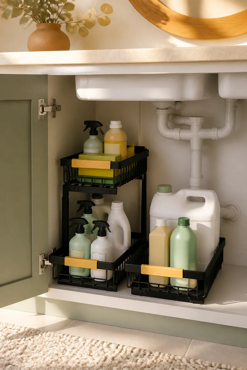 A two-tier slide-out organizer under a bathroom sink holding supplies