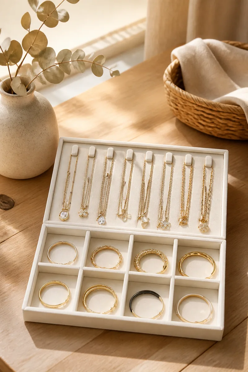 A velvet tray holding rings and necklaces on a dresser