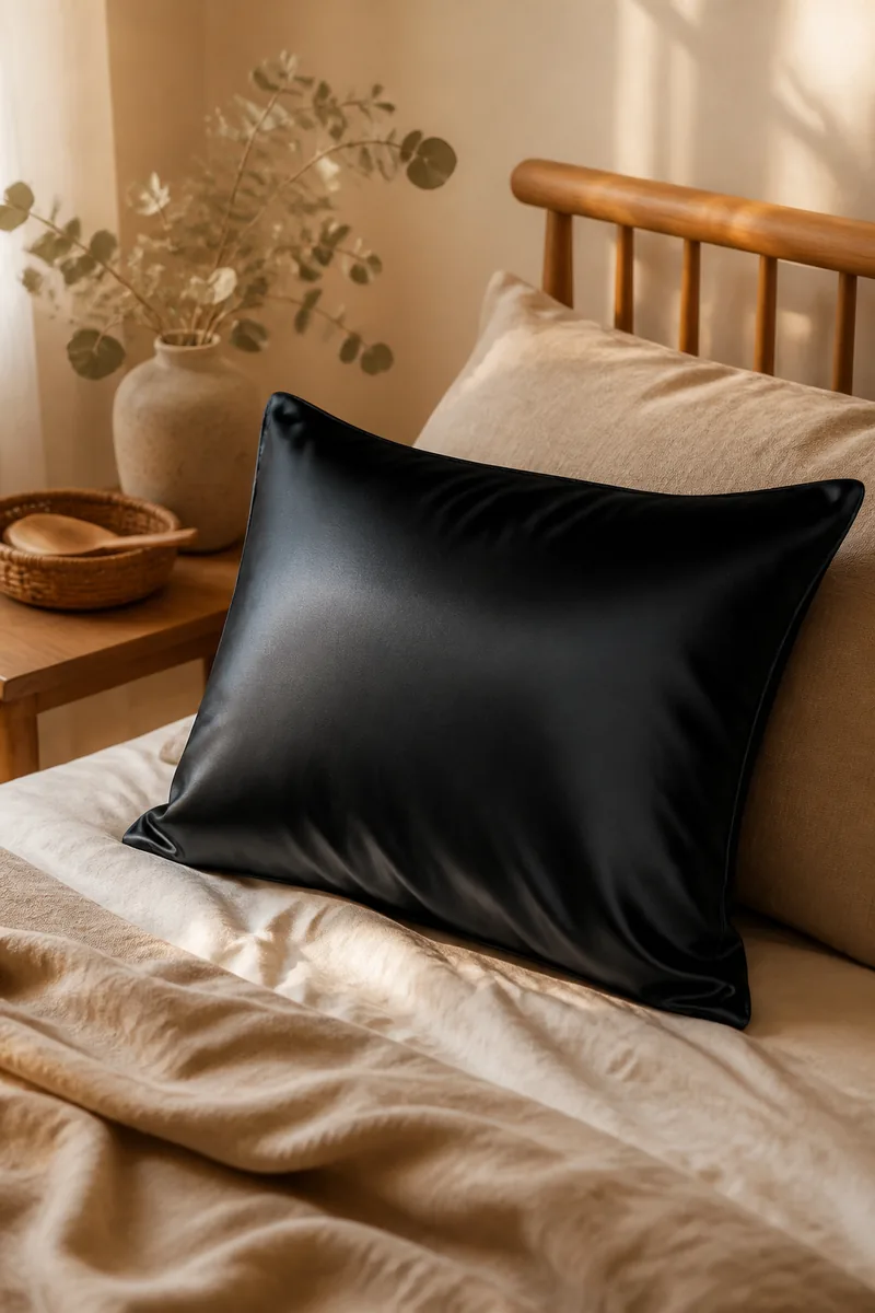 A silk pillowcase on a bed
