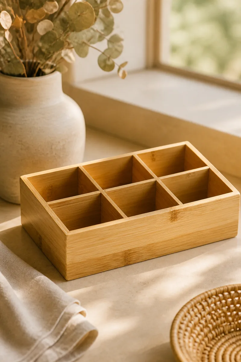 A bamboo box holding tea bags on a counter