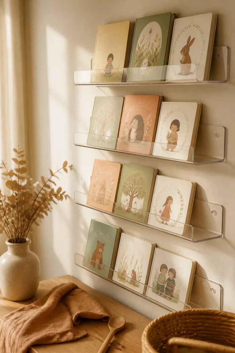 A wall rack displaying children's picture books