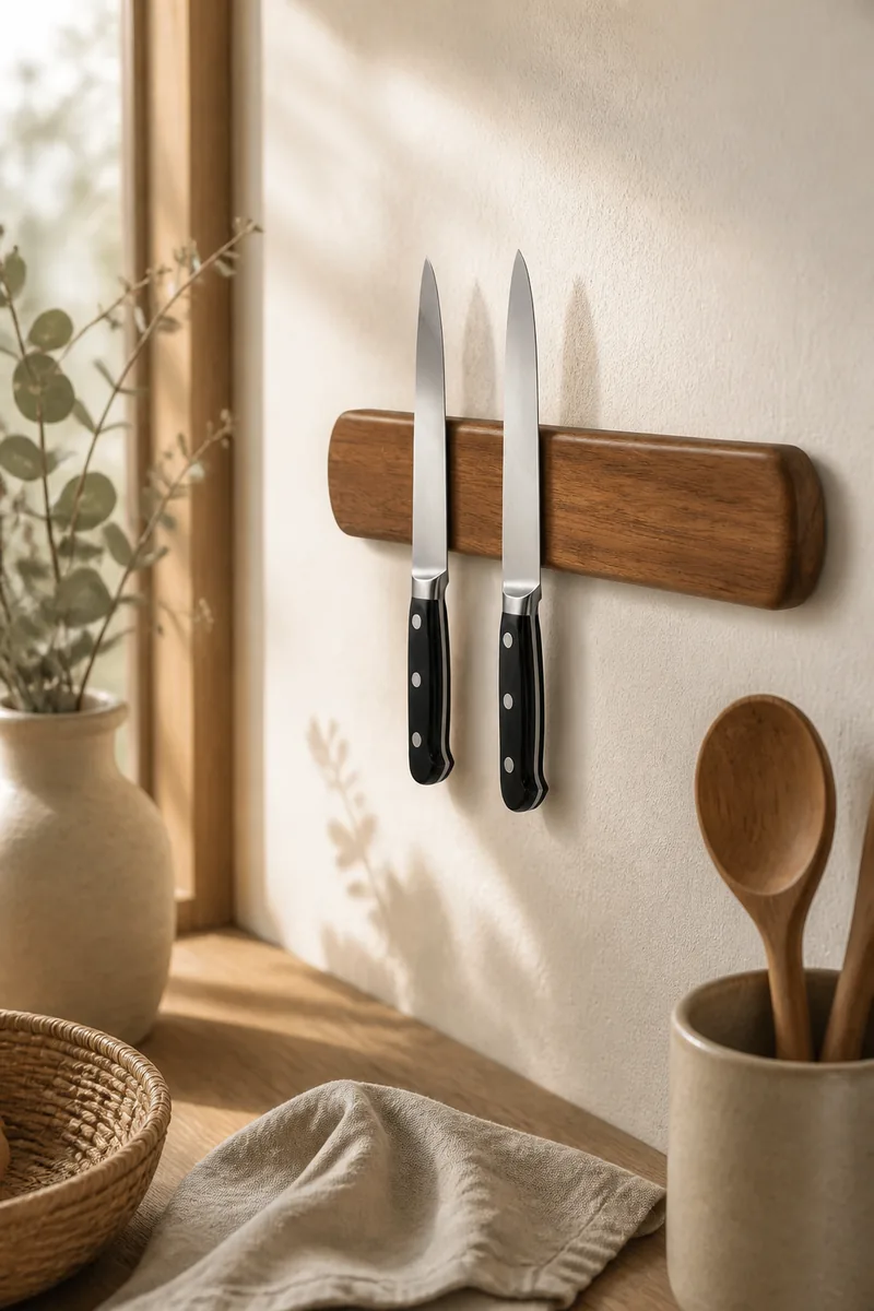 A wooden magnetic strip holding kitchen knives on a wall