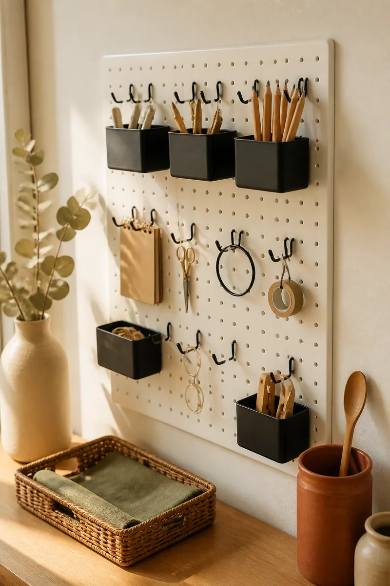 A pegboard with hooks holding supplies